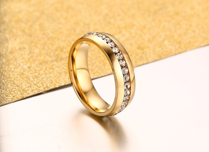 Gold color Stainless Steel Wedding Bands Shiny Crystal Ring for Female Male Jewelry 6mm Engagement Ring - My Store