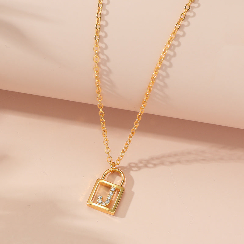Rhinestone Initials Letter Padlock Lock Necklace For Women - My Store