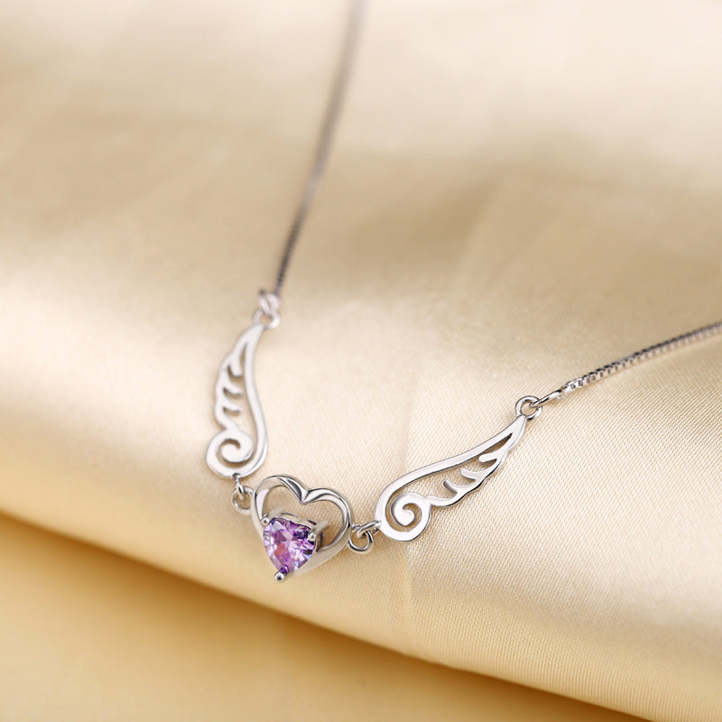 Angel Wings Necklace Pure Silver 925 Jewelry Romantic Purple Crystal Heart Necklaces For Women Sterling-Silver-Jewelry Necklace - My Store