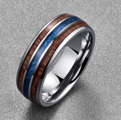 Nuncad Polished 8MM Hawaiian Koa Wood Men Ring Real Size Wedding Bands BlueVermiculite - My Store