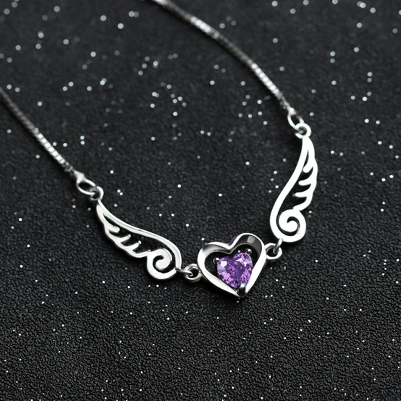 Angel Wings Necklace Pure Silver 925 Jewelry Romantic Purple Crystal Heart Necklaces For Women Sterling-Silver-Jewelry Necklace - My Store