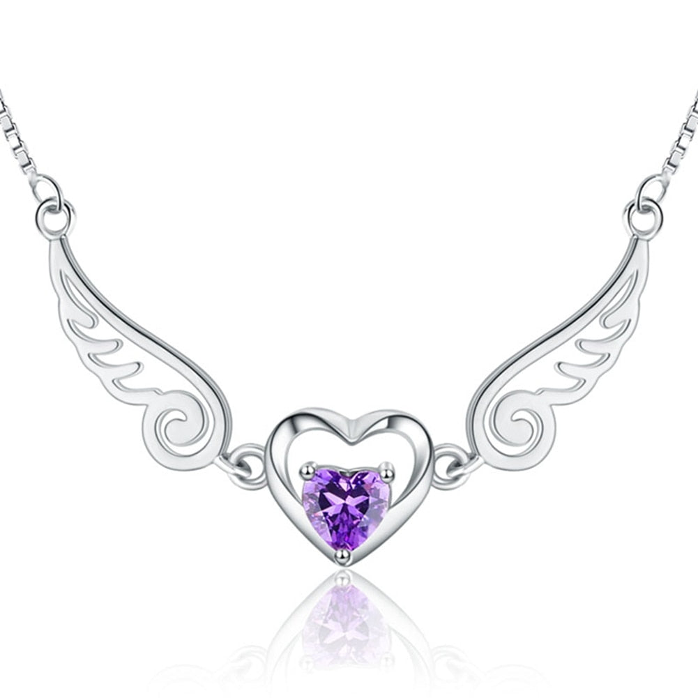 Angel Wings Necklace Pure Silver 925 Jewelry Romantic Purple Crystal Heart Necklaces For Women Sterling-Silver-Jewelry Necklace - My Store