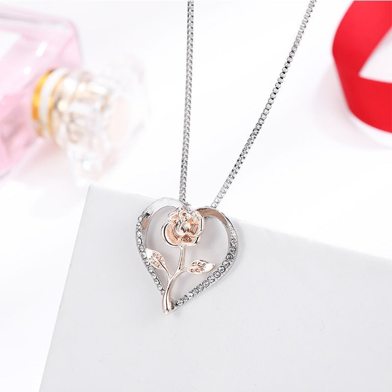 Zircon Heart Rose Silver Necklace For Women - My Store