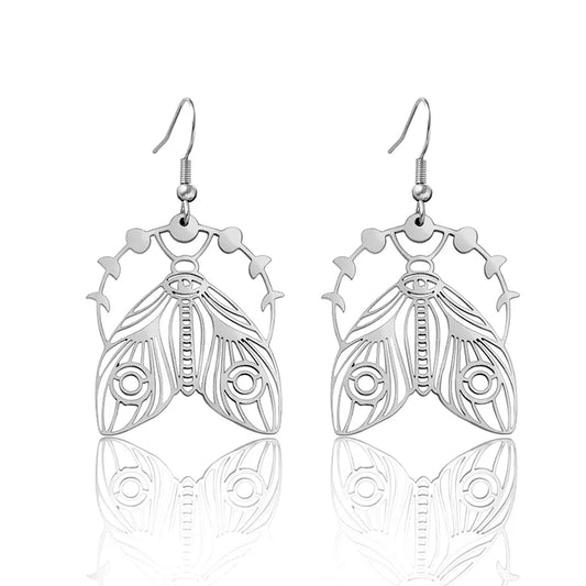 Hollow Cicada Drop Earrings Moon Phase Moth Dangle Stainless Steel Earrings For Women - My Store